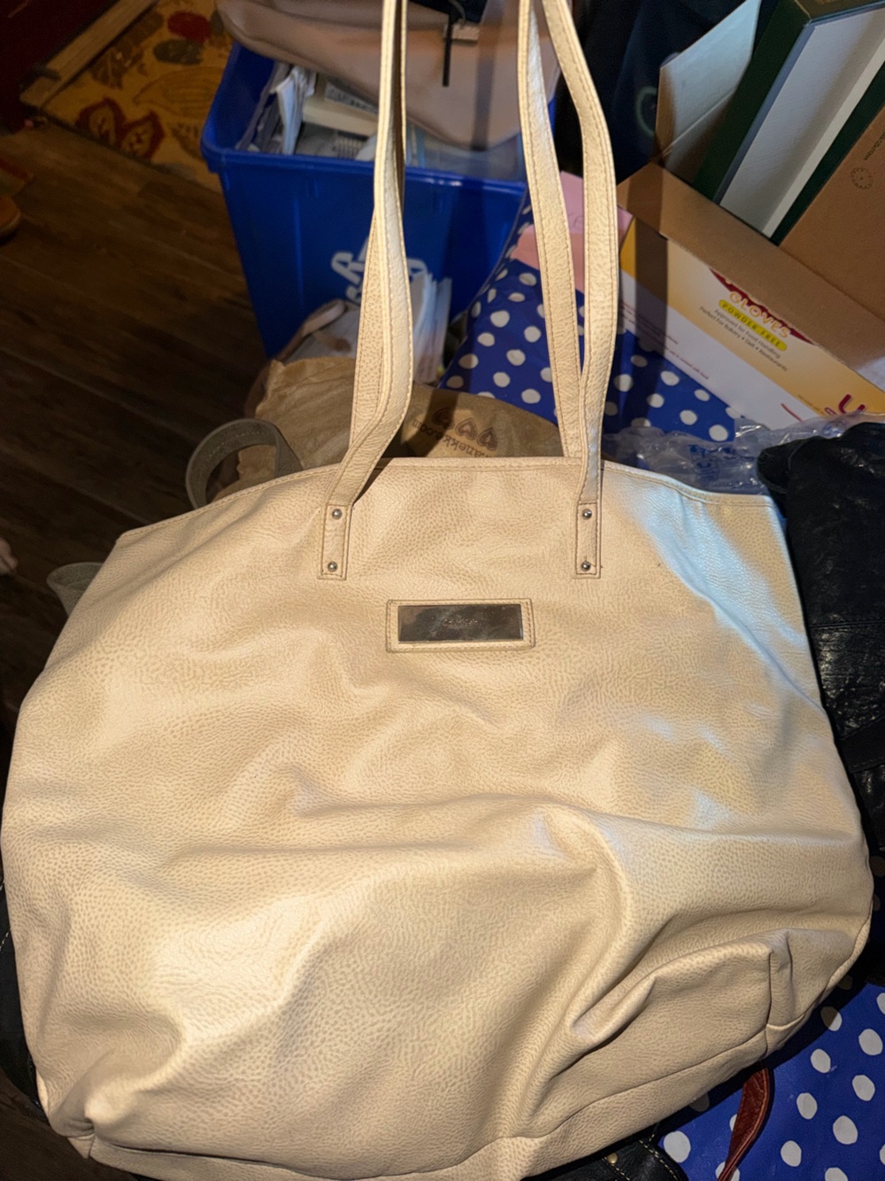 Calvin Klein Large Cream Leather Tote Bag with Dual Top Handles